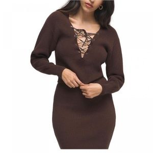 Good American Women's Ribbed Lace Up Sweater Chocolate Brown with Skirt